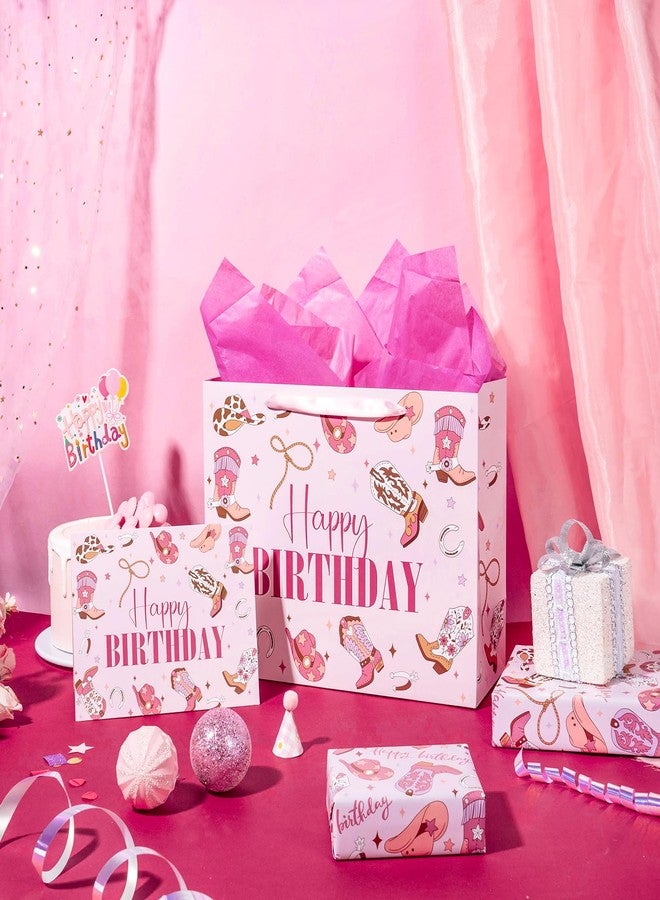 LeZakaa 13" Western Birthday Gift Bag for Kids Girls, Happy Birthday Cowgirl Hats Boots Lassos Horseshoes Stars Design, Tissue Paper, Greeting Card, 13" x 10" x 5", 1 Pcs - Image 5